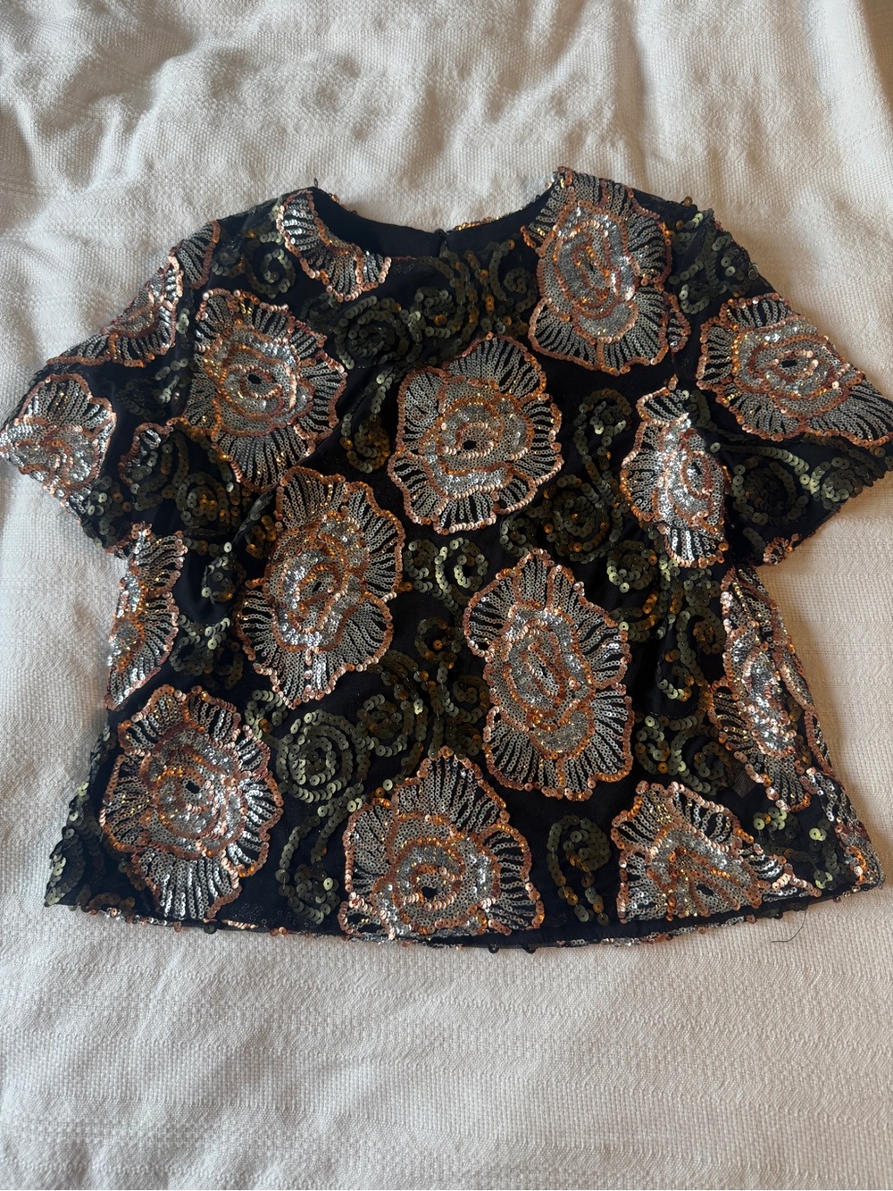 Endless Rose Black Sequin Floral Short Sleeve Top with Rose Gold Accents